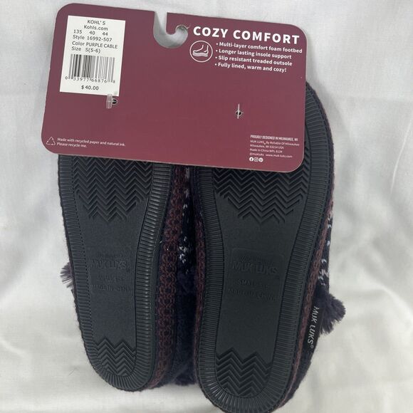 MukLuks Women's Slippers Crochet Faux Fur Lining Purple Cable Size Small 5-6 NEW - Picture 3 of 5